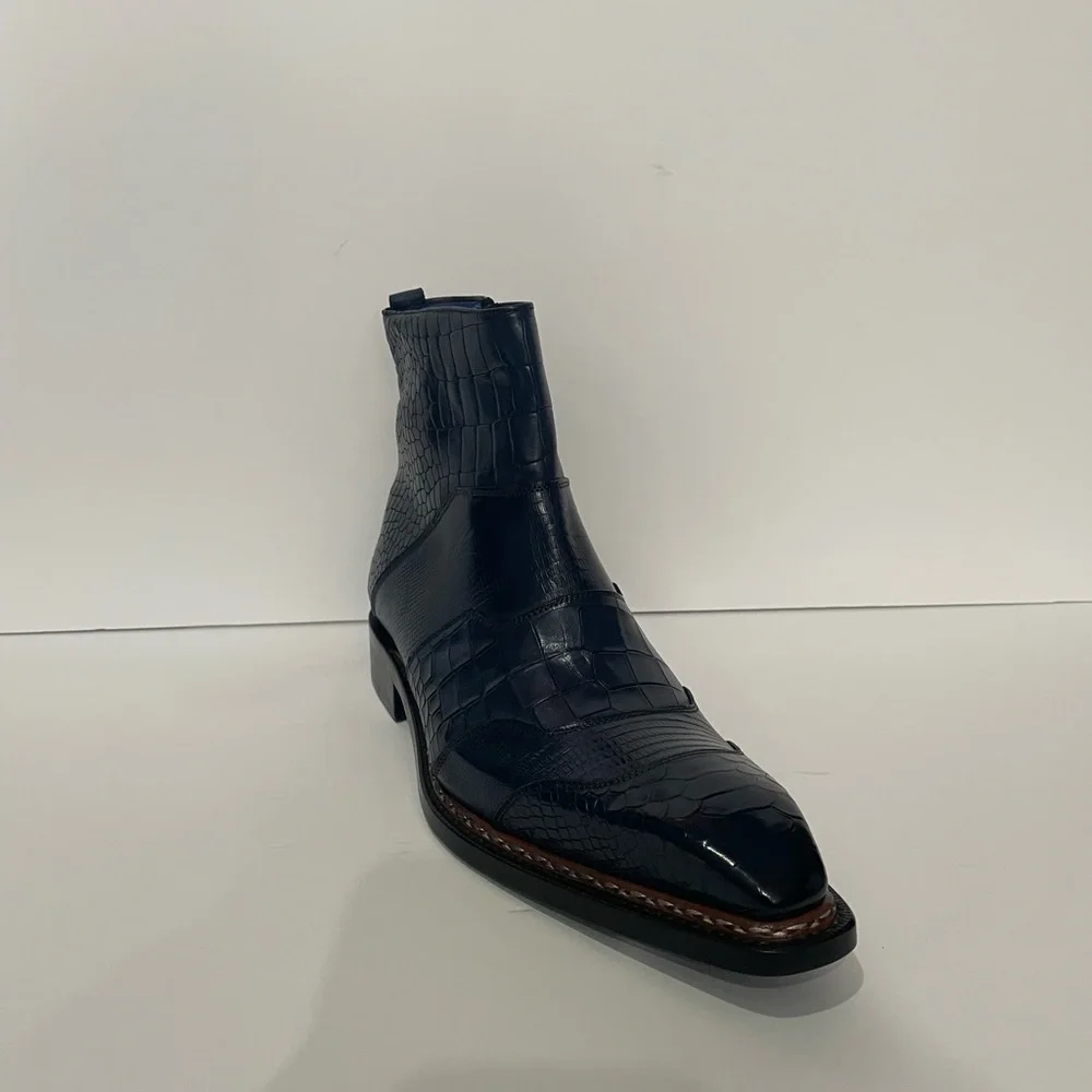 Emilio Franco boot navy Point toe leather calf croc/snake print